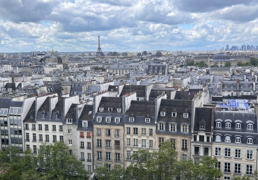 View of the Eiffel Tower over the rooftops of Paris, France