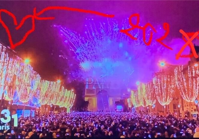 View of the New Year's Eve display at the Eiffle Tower in Paris