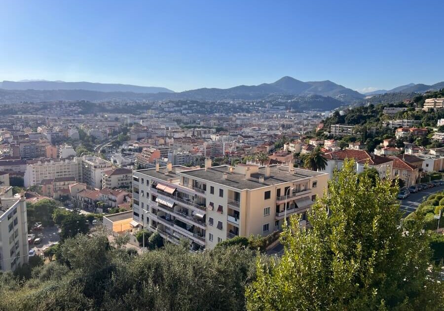 Hilltop view of Nice, France below