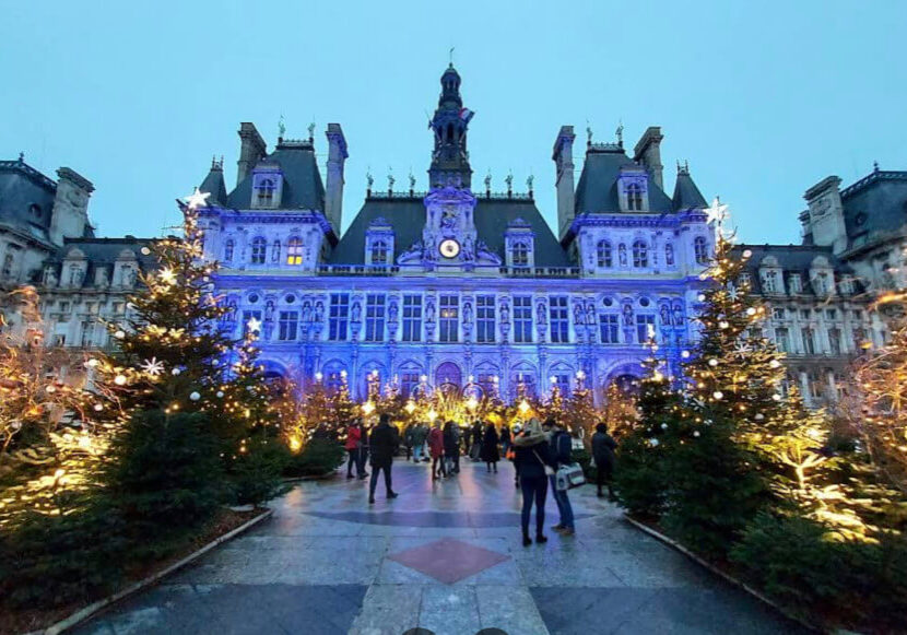 he Hotel Deville square lit up in Paris, France