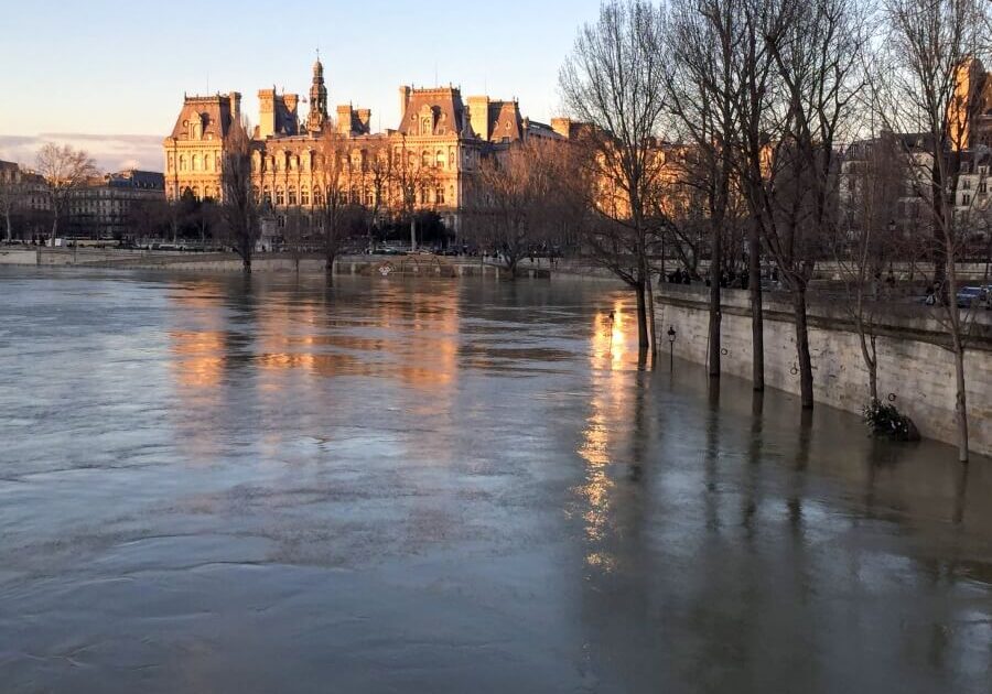 Morning view of buildings along the Seine in Paris, France