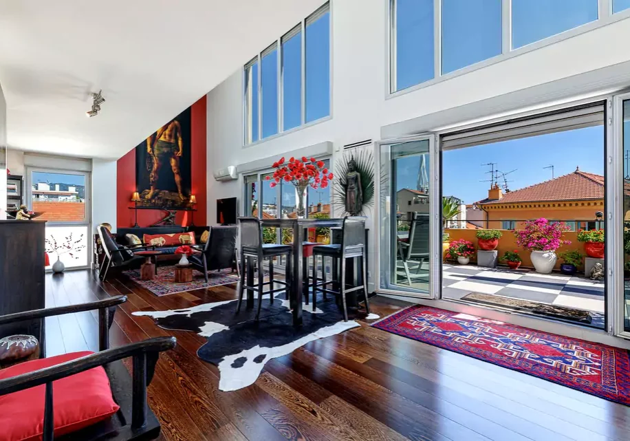 windows out to the terrace tall ceilings and bright views at 4 ave Cyrille Besset, Nice duplex penthouse