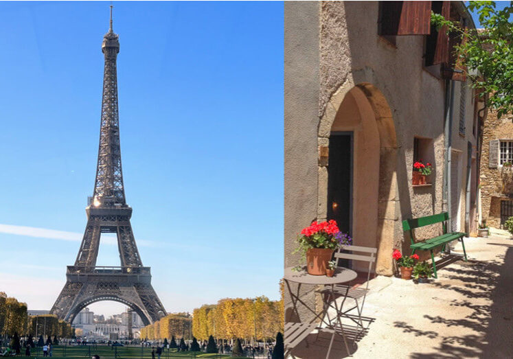 Montage of the Eiffel Tower and a village street in the south of France