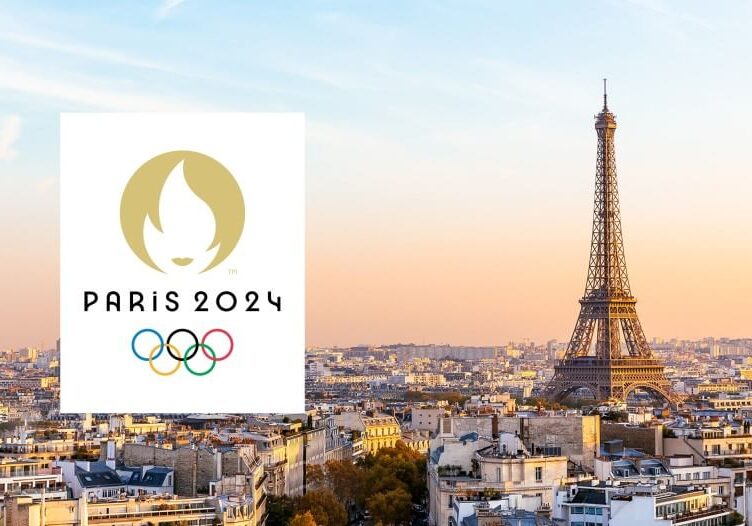 Ariel view of Paris promoting the 2024 Olympics