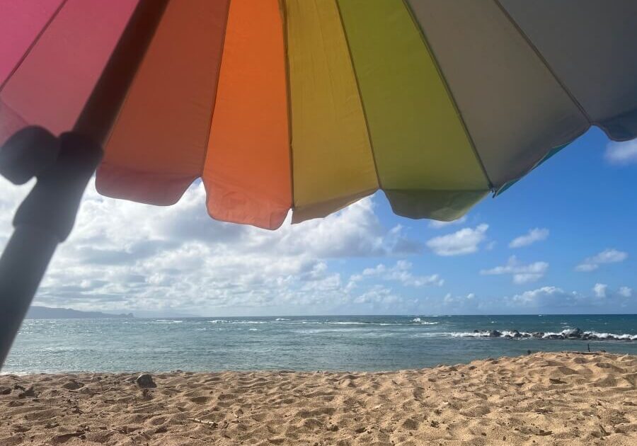 View of Baldwin Beach in Maui, under a rainbow umbrella