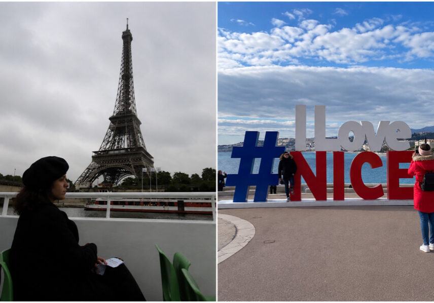 Side by side photos of the Eiffel Tower in Paris and the I Love Nice sing in Nice, France