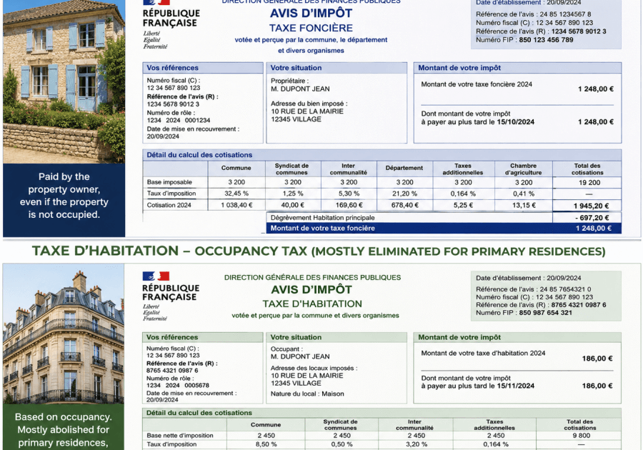 Examples of taxe foncière and taxe d’habitation notices