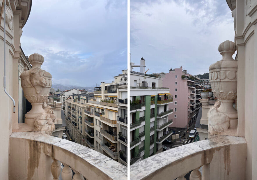 Twin urns on the apartment balcony on Avenue Shakespear in Nice