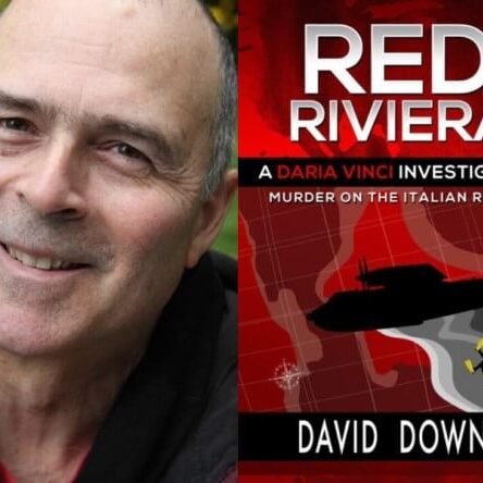 Photo of author David Downie next to the cover of his latest book Red Riviera