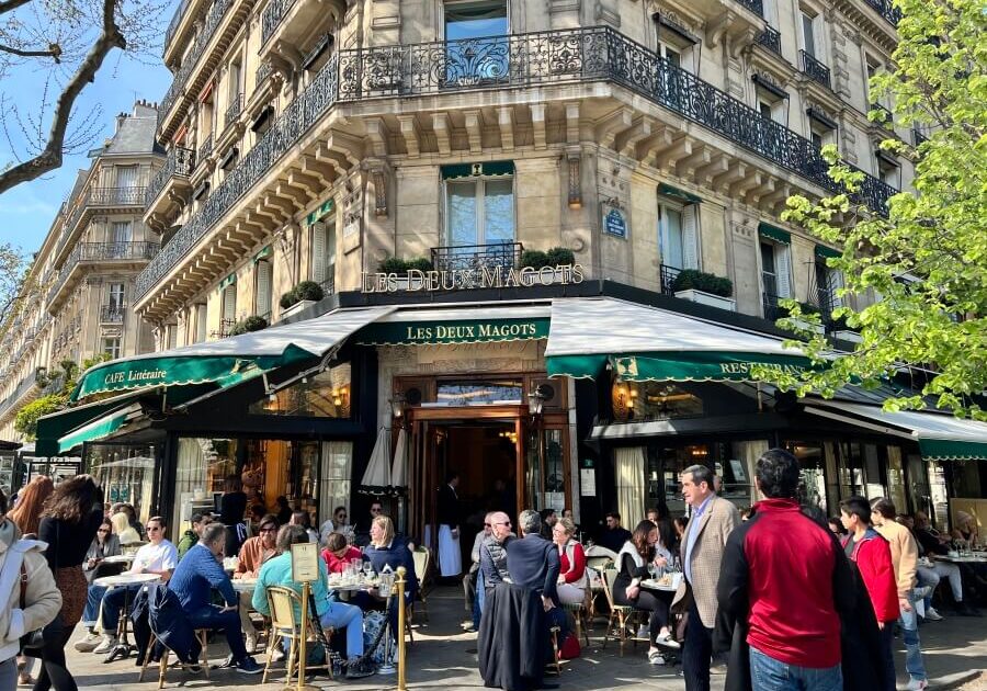 The exterior of Les Deuxs Magots in Paris, France