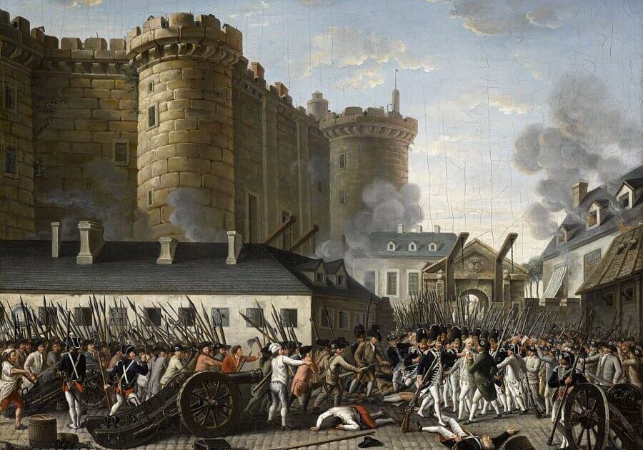 Vintage painting of the storming of the Bastille during the French Revolution