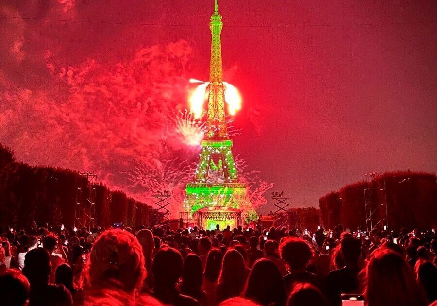 Fireworks and light show on the Eiffel Tower in Paris for Bastille Day