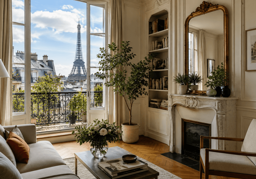 A Paris apartment with a view of the Eiffel Tower from the large window and balcony