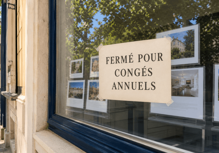 Sign in real estate office window in Paris announcing their summer break