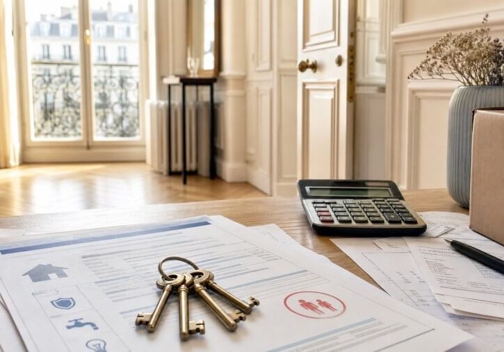 View inside a Paris apartment with a rental agreement and keys in the forefront