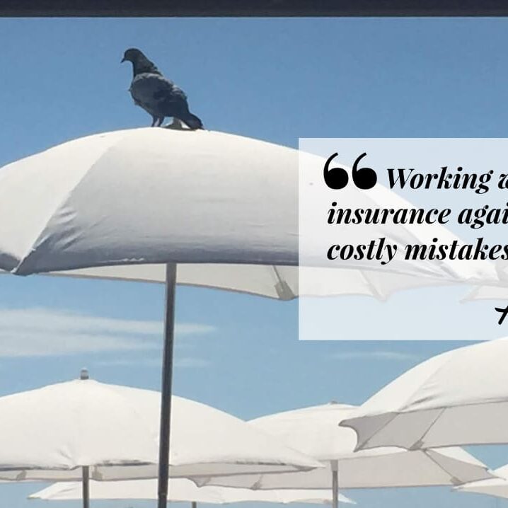 Pigeon on top of an umbrella and a quote from Adrian that says Working with us is insurance against making costly mistakes.