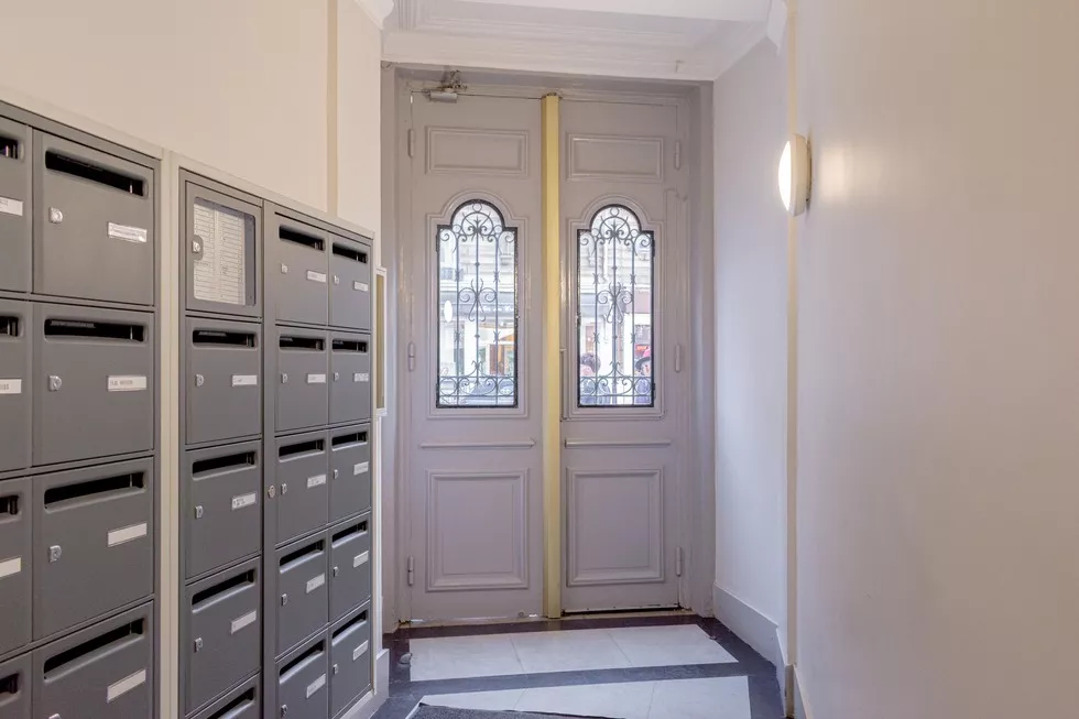 Entrance of building and post boxes at 9 rue Lagrange Paris 75005