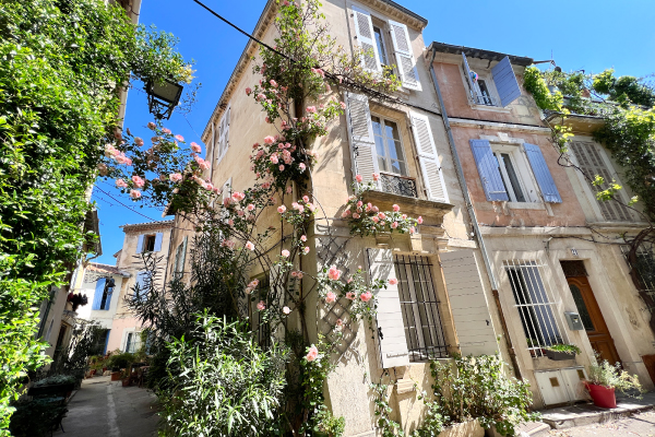 Old stone French house with blue shutters and climbing roses