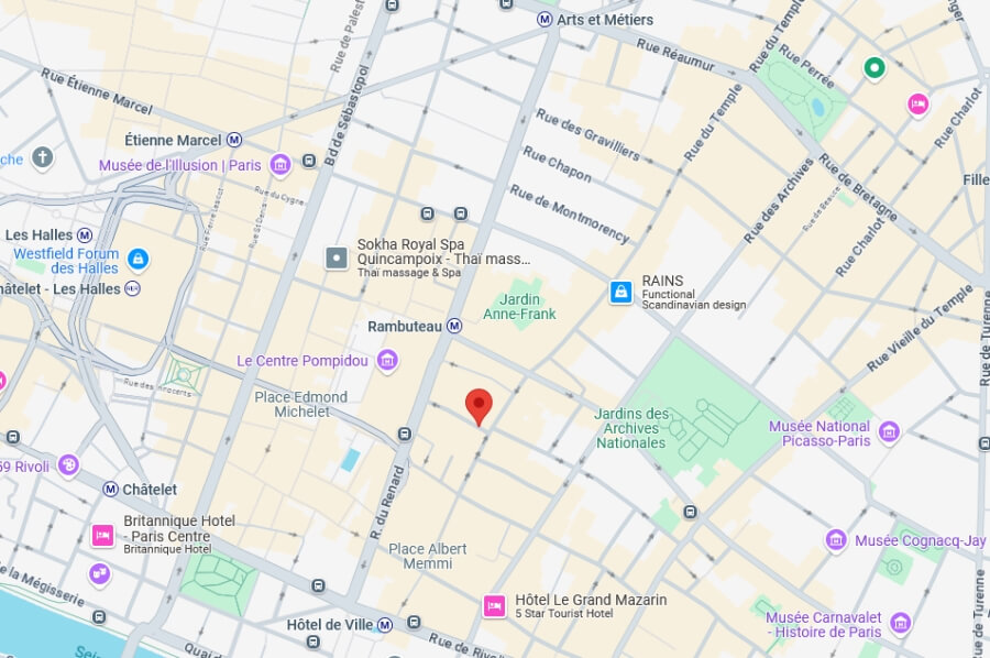 Google map pinpointing the location of the designer studio for sale in the Marais in Paris