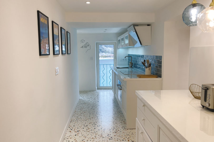 Renovated kitchen La Belle Terrasse with the window to the sea