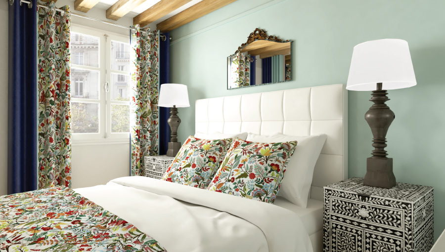 Beautiful bedroom with large window, premium linens