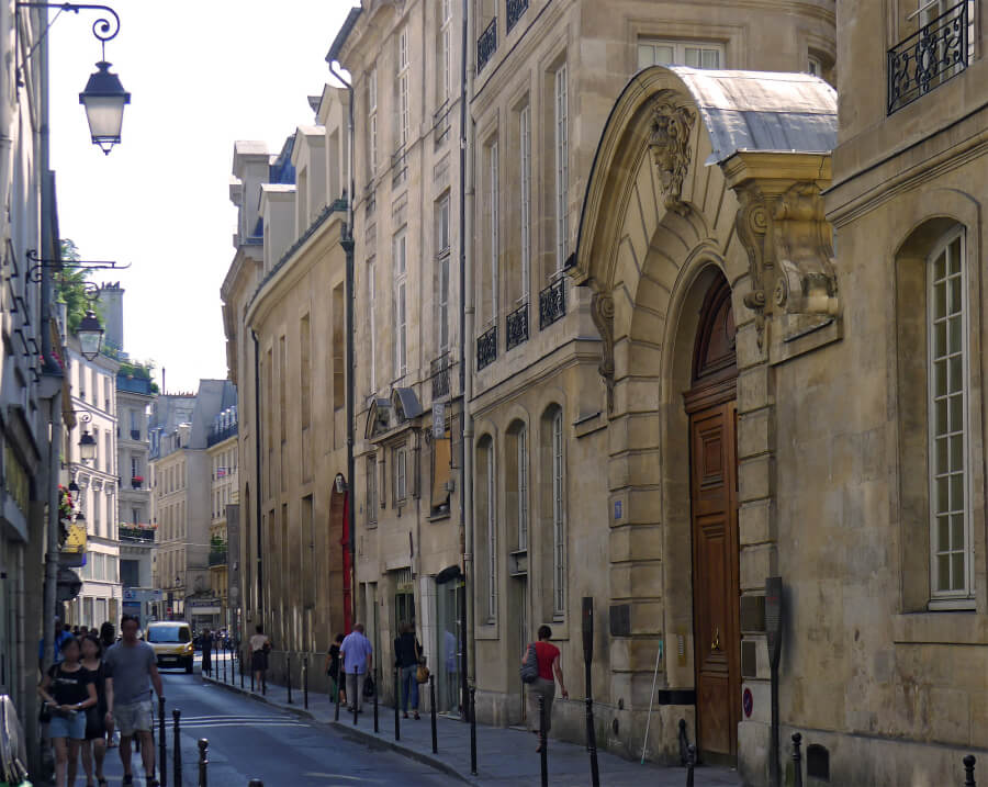View down rue du Temple in Paris, France