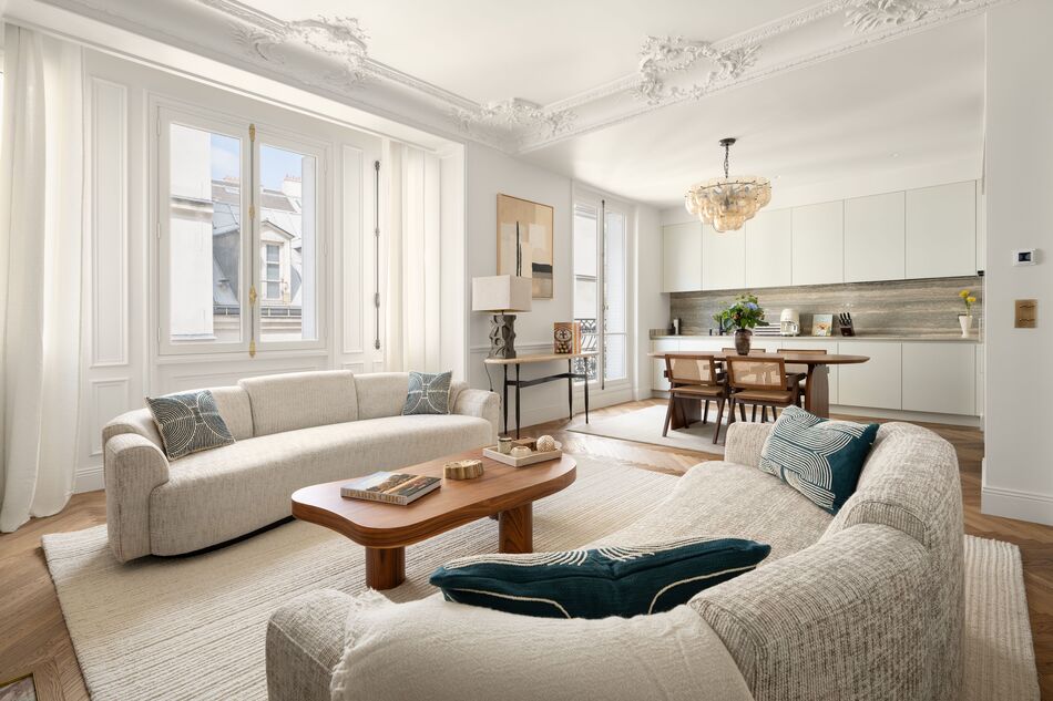 Bright kitchen, dining and living with windows at 15 rue Madame Paris