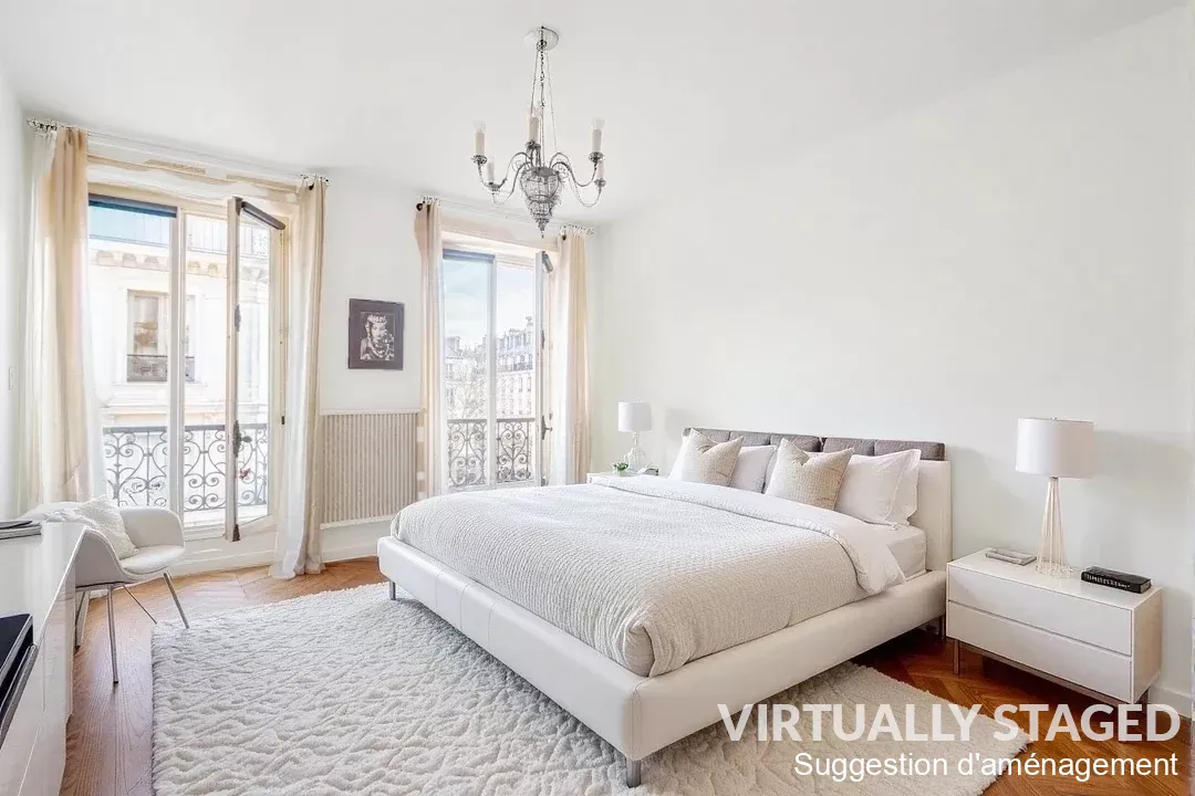 Virtually staged main bedroom Rue de Palestro Paris France