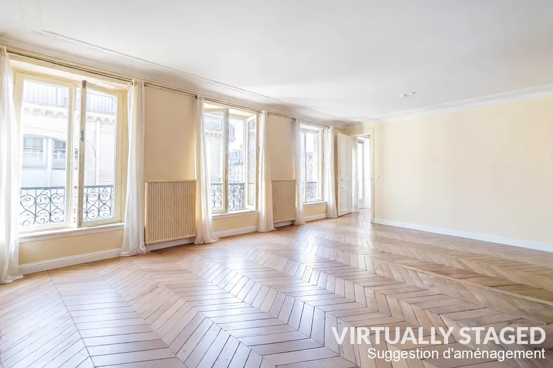 Virtually staged large living area Rue de Palestro Paris France