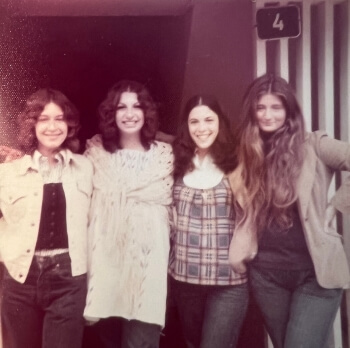 Adrian Leeds with her high school friends (from left to right): Wendy Halpern, Adrian, Kathy Leon Rasner and Ellen Dorfman Bitton, in Ramat Aviv in 1973, in front of the house in which two of us resided for a while. Wendy and Ellen are both now deceased, may they rest in peace.
